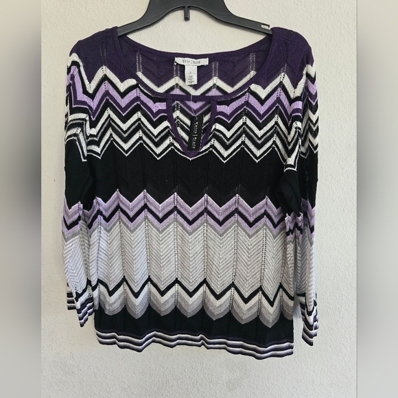 WHBM Blouse Women Sz L Long Sleeve Color Block Pleated Lace Cut Out Colorful - Picture 4 of 12